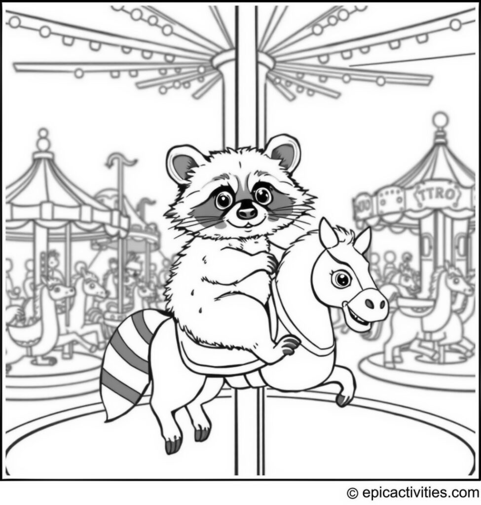 Coloring page of a cute raccoon riding a carousel horse in an amusement park