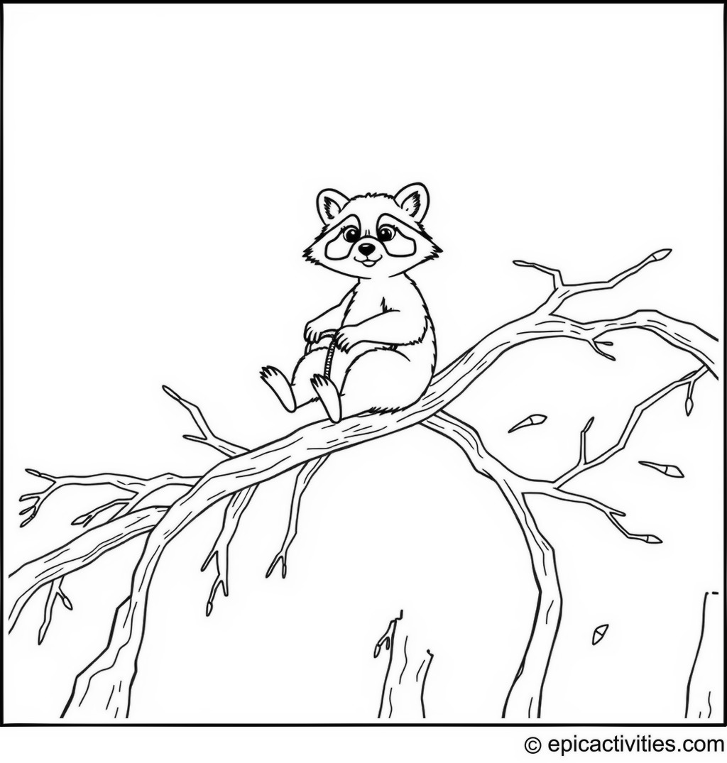 Coloring page of a cute raccoon riding a rollercoaster made of intertwined tree branches