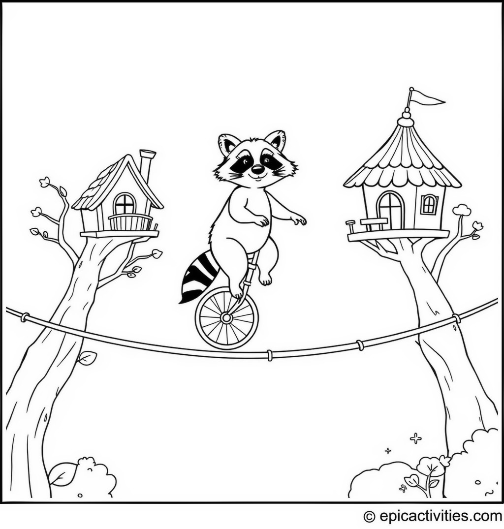 Coloring page of a Cute Raccoon Riding a Unicycle on a Tightrope between Whimsical Tree Houses