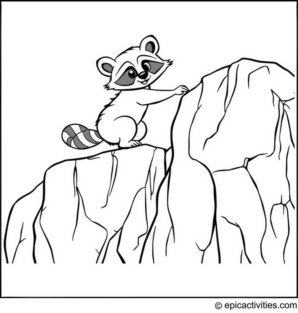 Coloring page of a Cute Raccoon Rock Climbing Adventure