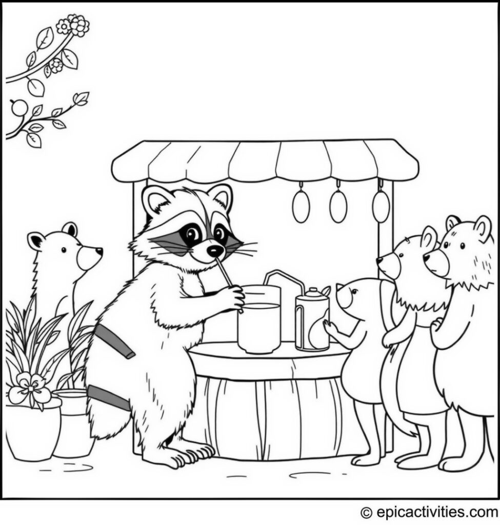 Coloring page of a cute raccoon running a lemonade stand with animal customers in line