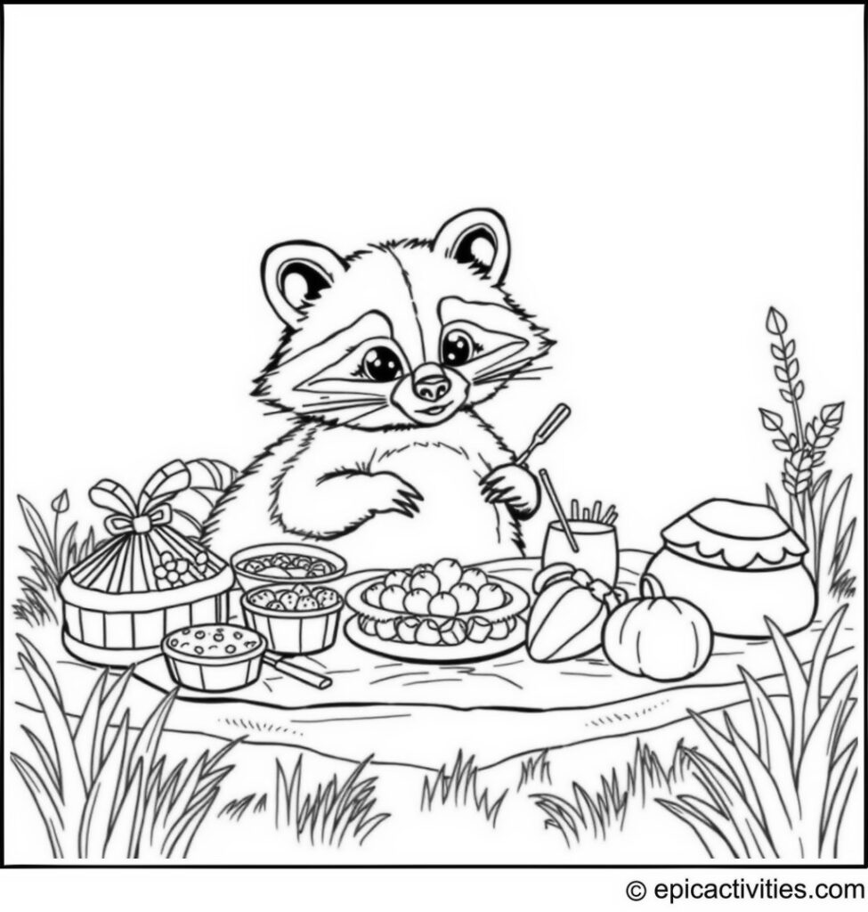 Coloring page of a cute raccoon setting up a delightful picnic with yummy treats