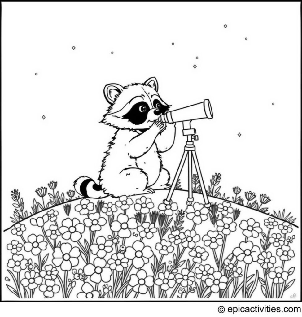 Coloring page of a Cute Raccoon Stargazing with a Telescope on a Flower-covered Hill