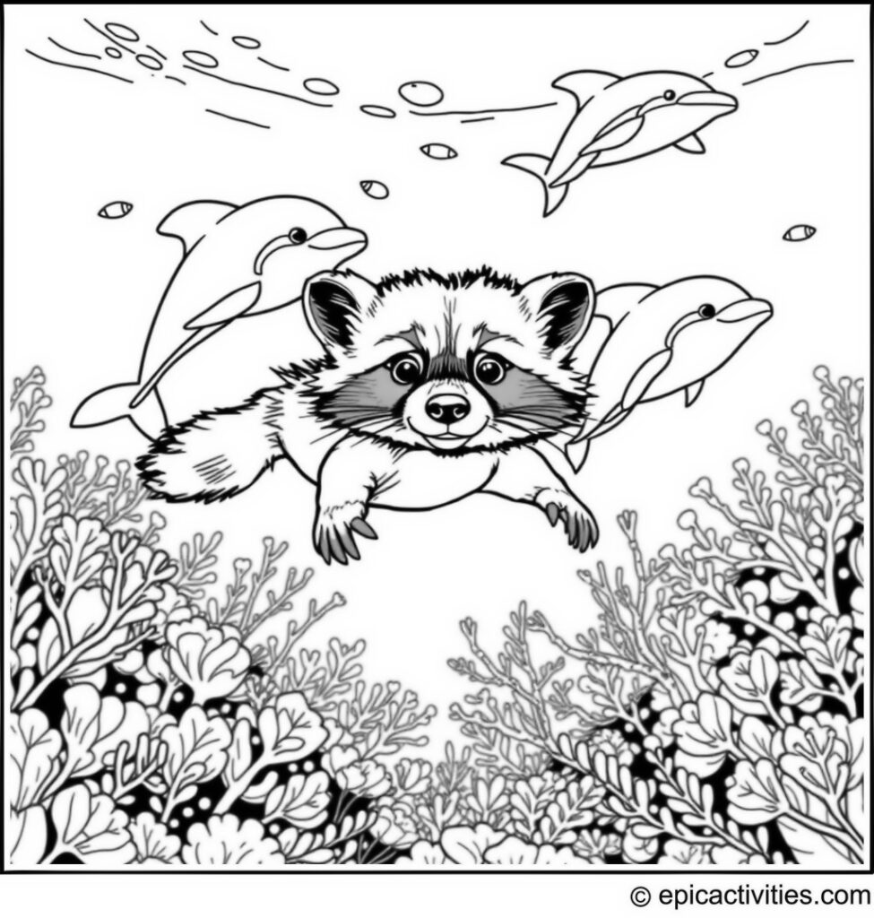 Coloring page of a cute raccoon swimming with dolphins in a bright coral reef underwater scene
