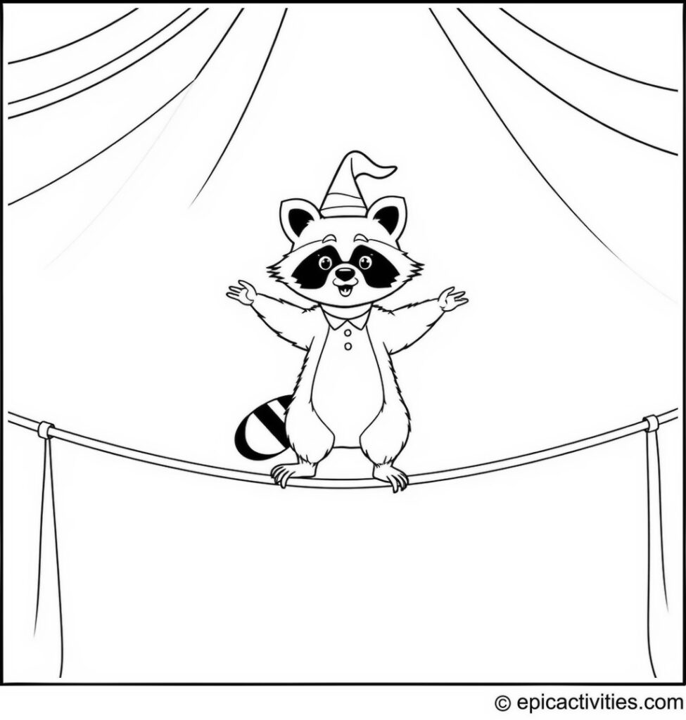 Coloring page of a cute raccoon tightrope walking in a circus tent