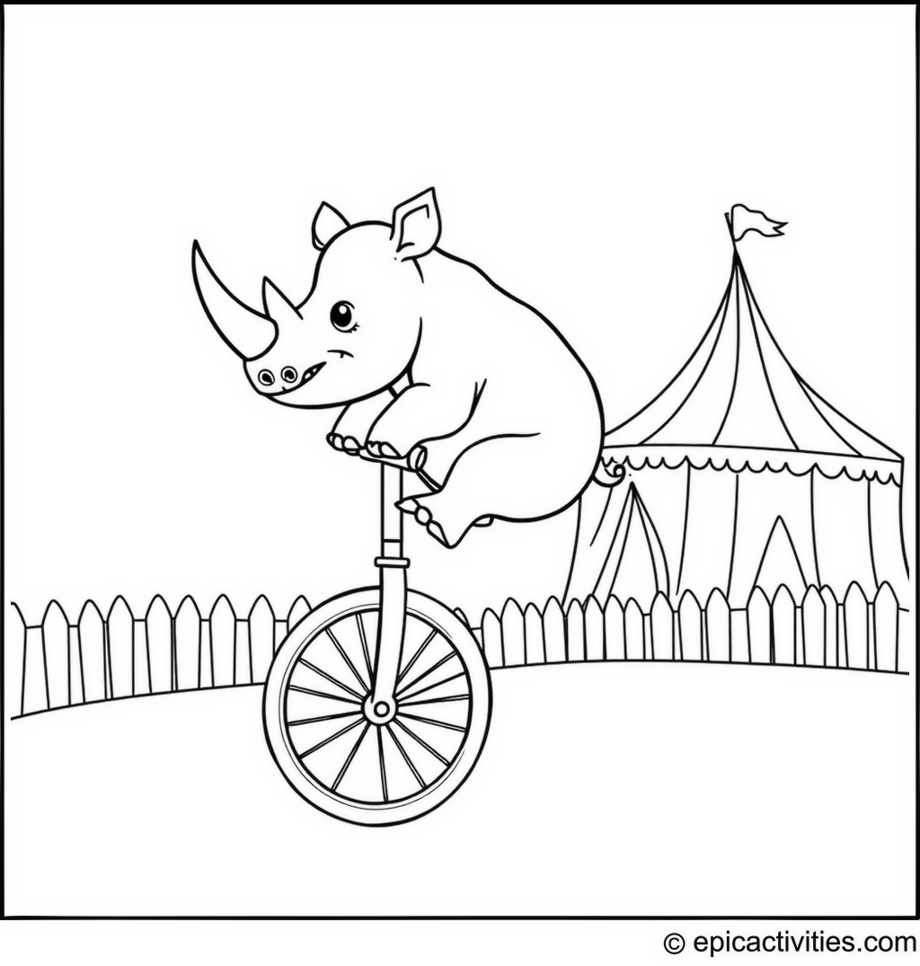 Coloring page of a Cute Rhino Balancing on a Whimsical Unicycle with a Circus Tent in the Background