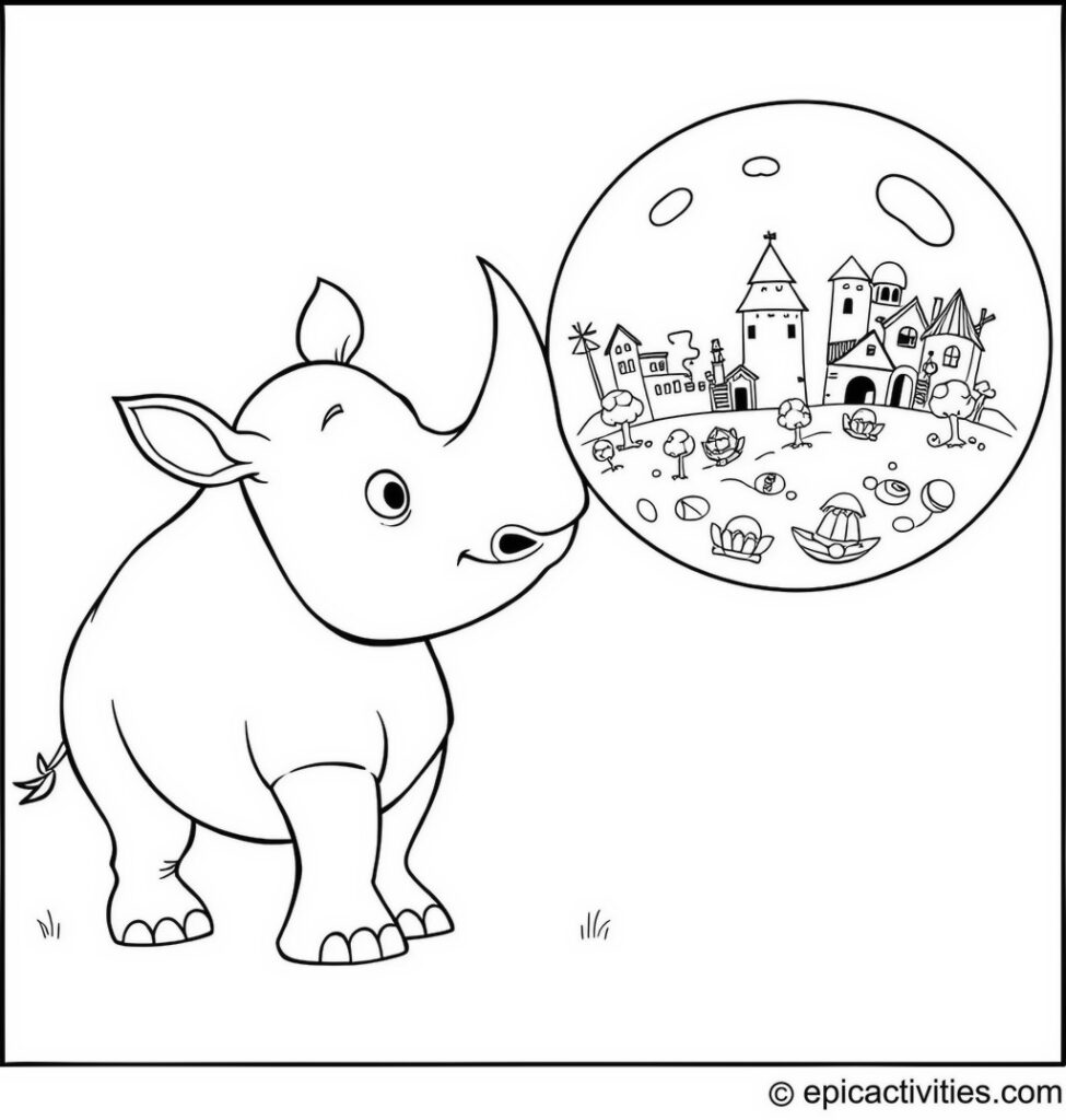 Coloring page of a Cute Rhino Blowing Whimsical Soap Bubbles