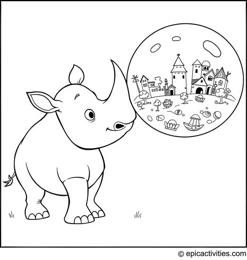 Coloring page of a Cute Rhino Blowing Whimsical Soap Bubbles