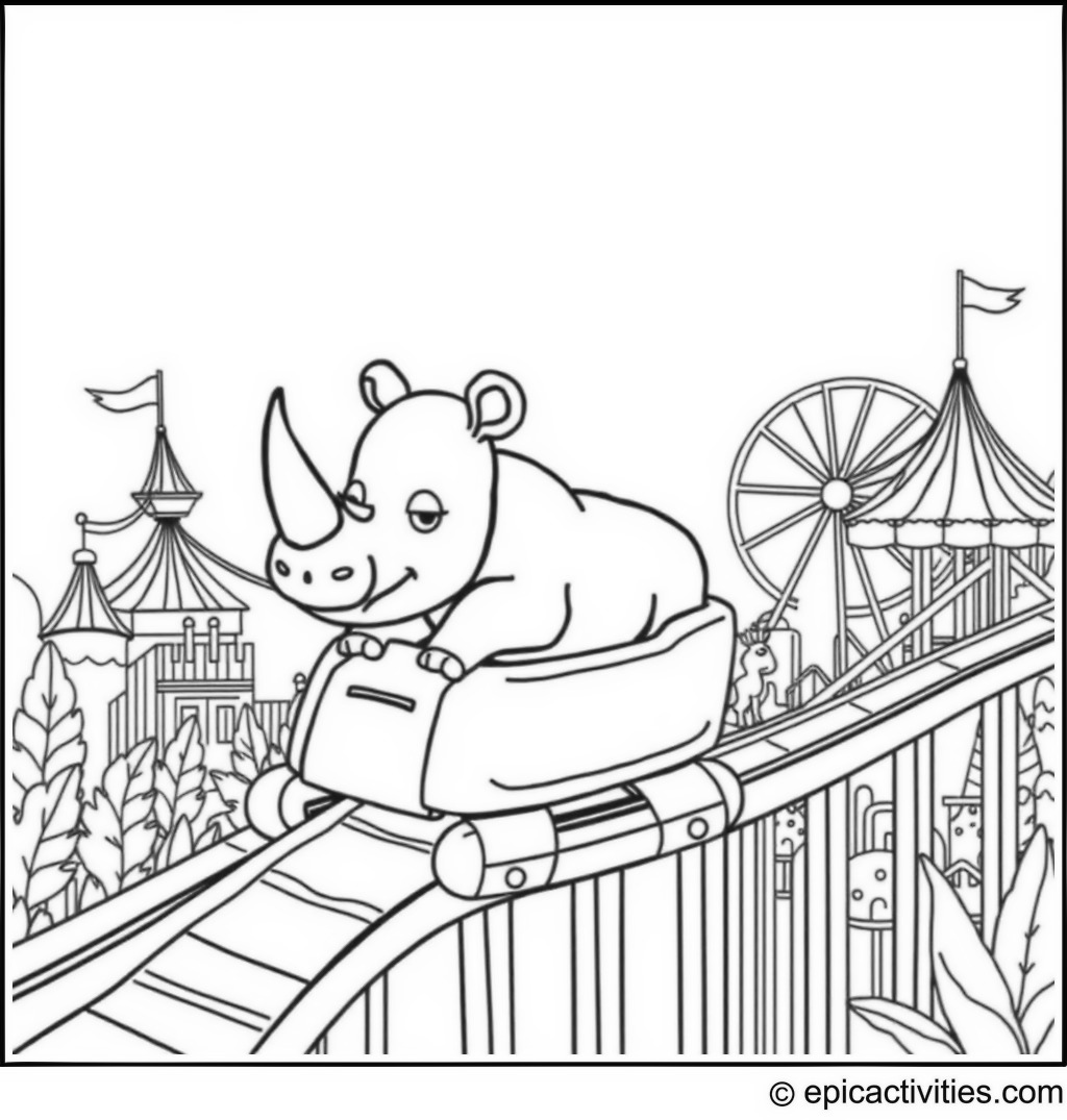 Coloring page of a Cute Rhino Enjoying a Roller Coaster Ride at a Funfair