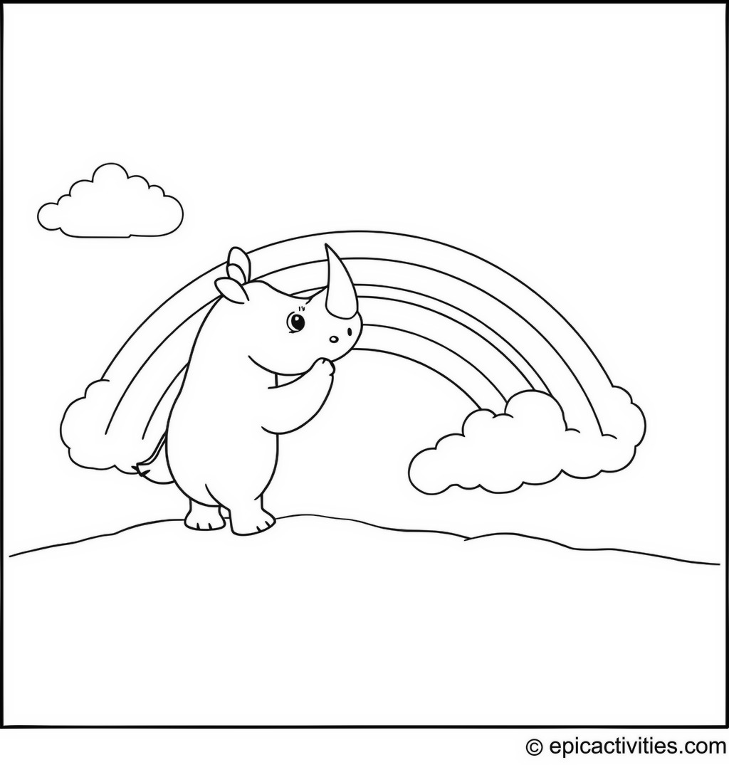 Coloring page of a cute rhino painting a giant rainbow on a dreamy cloud in the sky