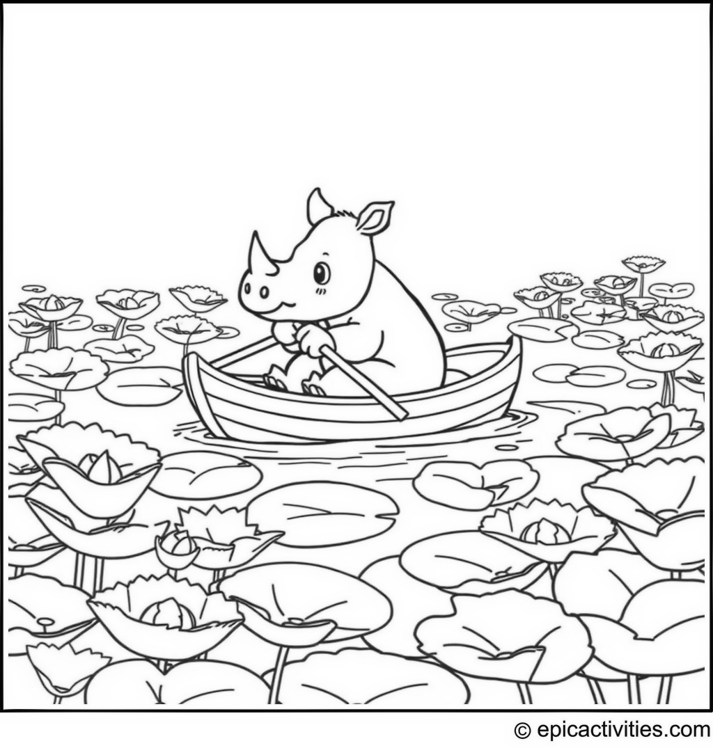 Coloring page of a Cute Rhino Rowing a Tiny Boat with Oversized Lily Pads