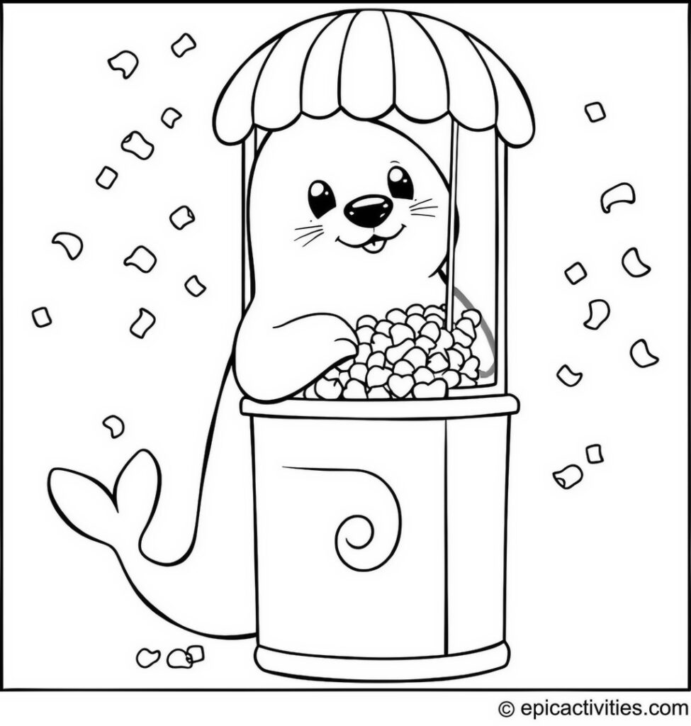 Coloring page of a Cute Seal at a Popcorn Carnival