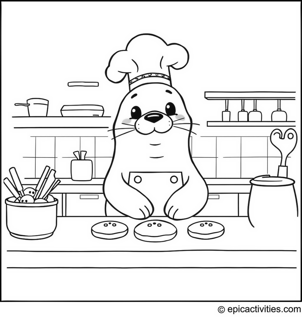 Coloring page of a cute seal baking cookies in a cozy kitchen