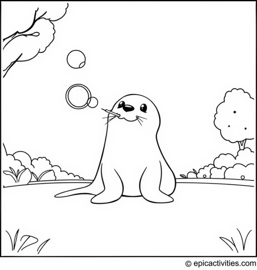 Coloring page of a Cute Seal Blowing Bubbles in the Park