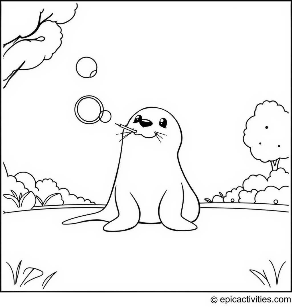 Coloring page of a Cute Seal Blowing Bubbles in the Park