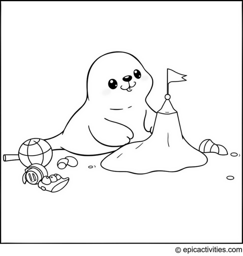 Coloring page of a Cute Seal Building a Sandcastle on the Beach