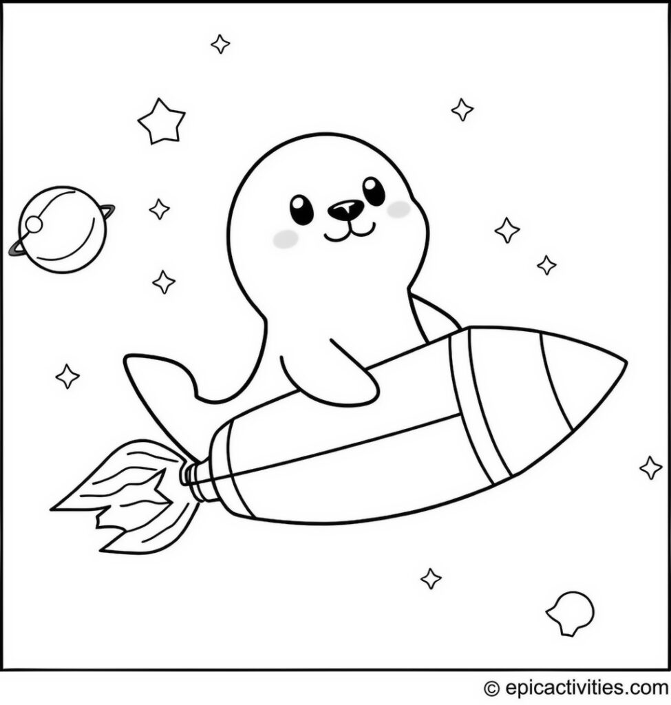 Coloring page of a Cute Seal Flying a Rocket in Outer Space