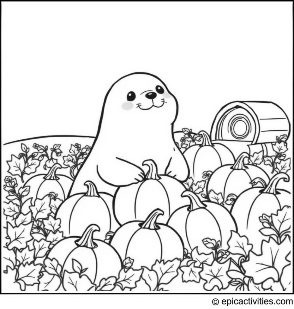 Coloring page of a Cute Seal Harvesting Pumpkins in a Pumpkin Patch