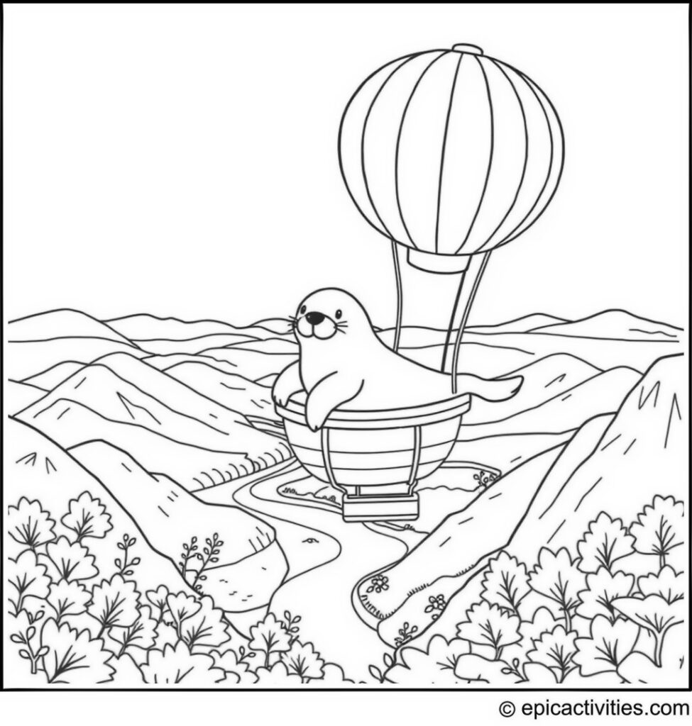 Coloring page of a Cute Seal in a Hot Air Balloon