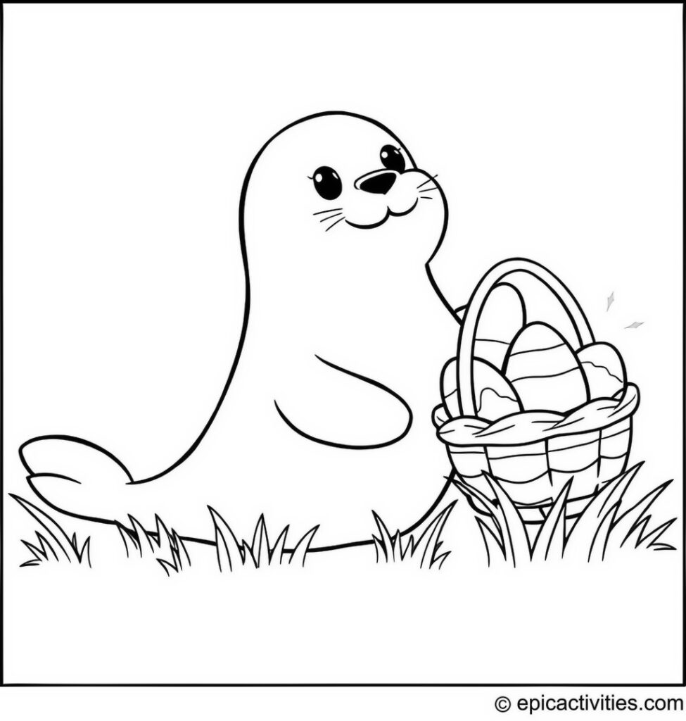 Coloring page of a Cute Seal on an Easter Egg Hunt