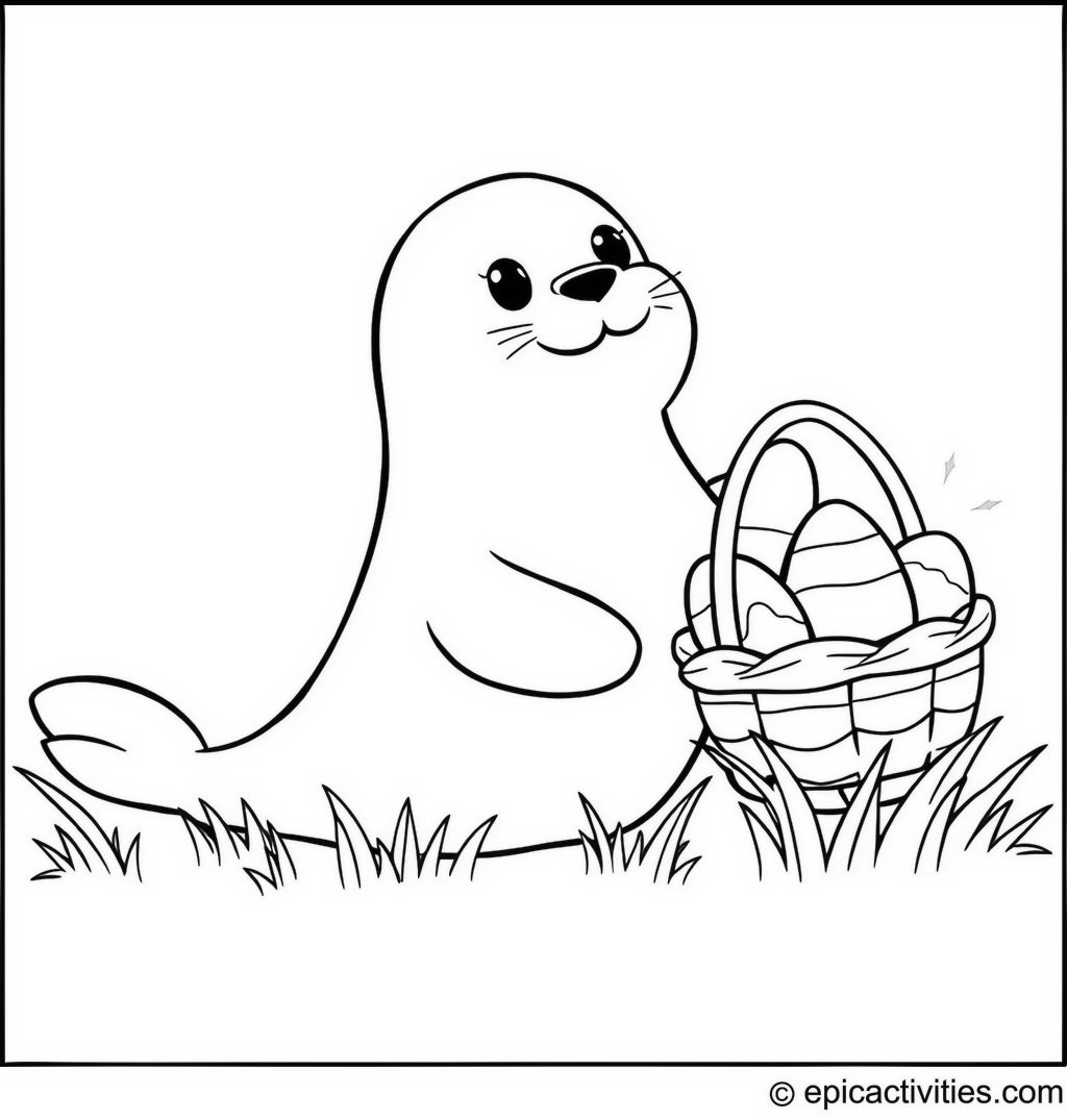 Coloring page of a Cute Seal on an Easter Egg Hunt