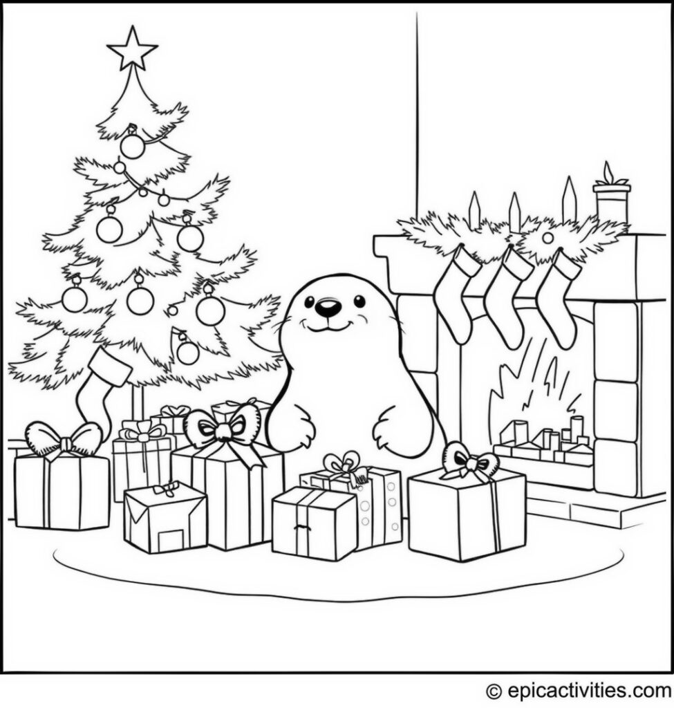 Coloring page of a cute seal opening presents under a Christmas tree