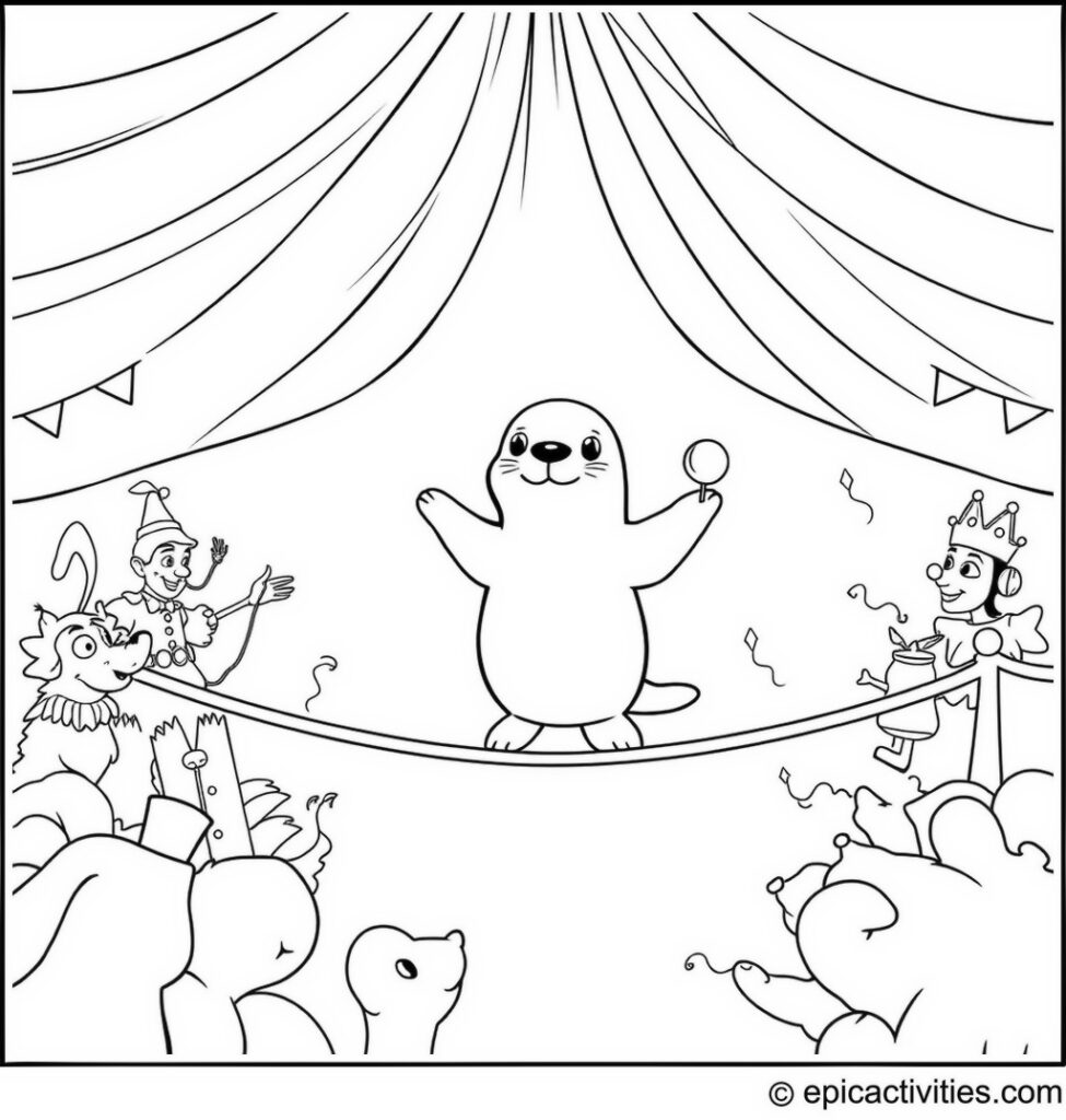 Coloring page of a cute seal performing in a circus