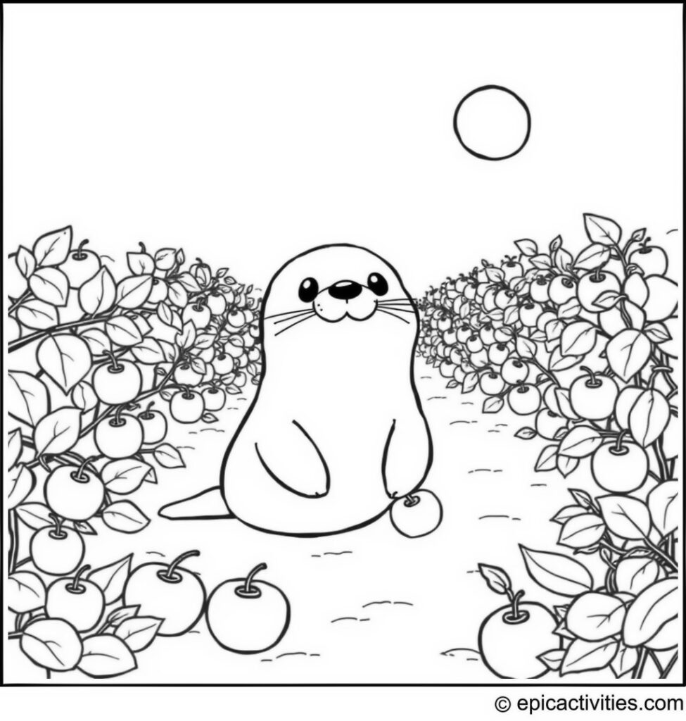 Coloring page of a cute seal picking apples in a sunny orchard