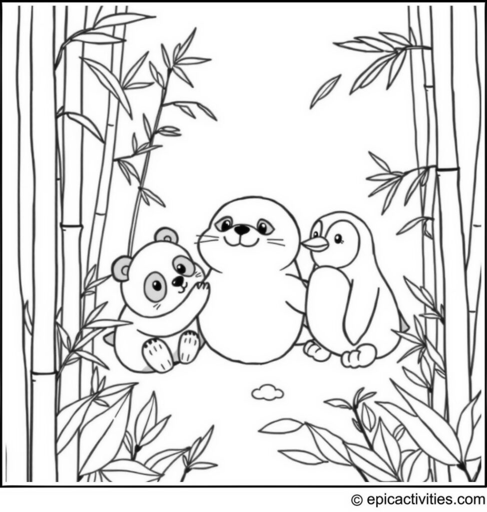 Coloring page of a cute seal playing hide and seek with a panda and a penguin in a bamboo forest