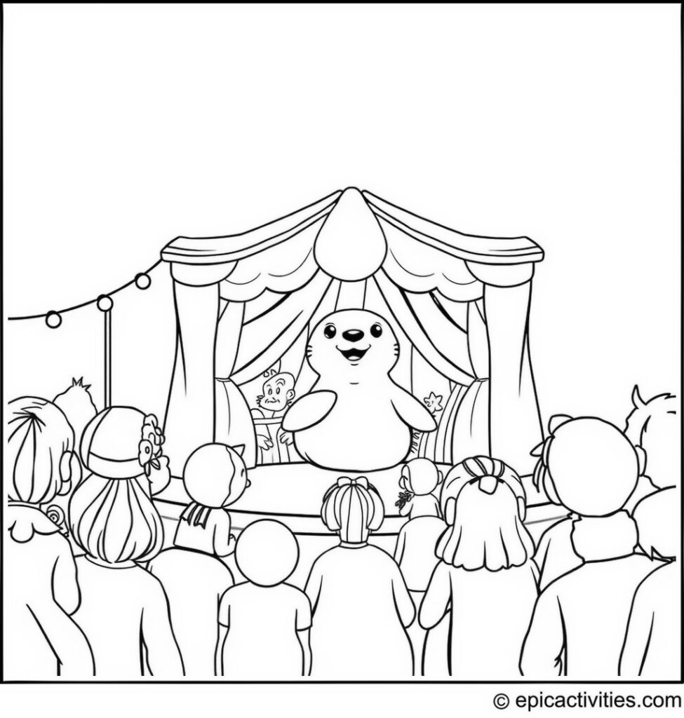 Coloring page of a Cute Seal Puppet Show