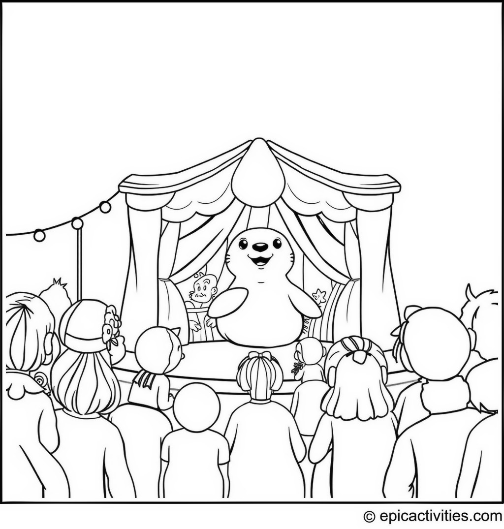 Coloring page of a Cute Seal Puppet Show