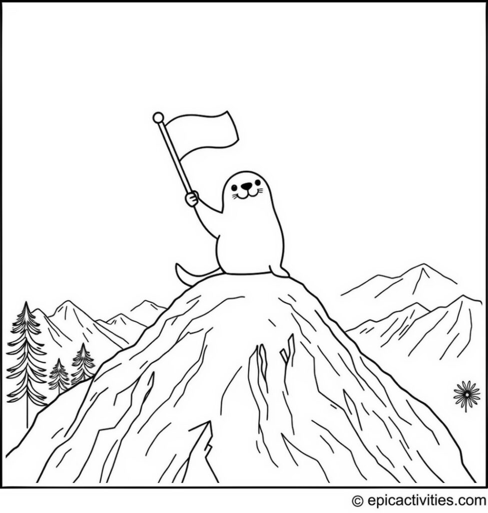 Coloring page of a Cute Seal Raising a Flag on a Mountain Peak