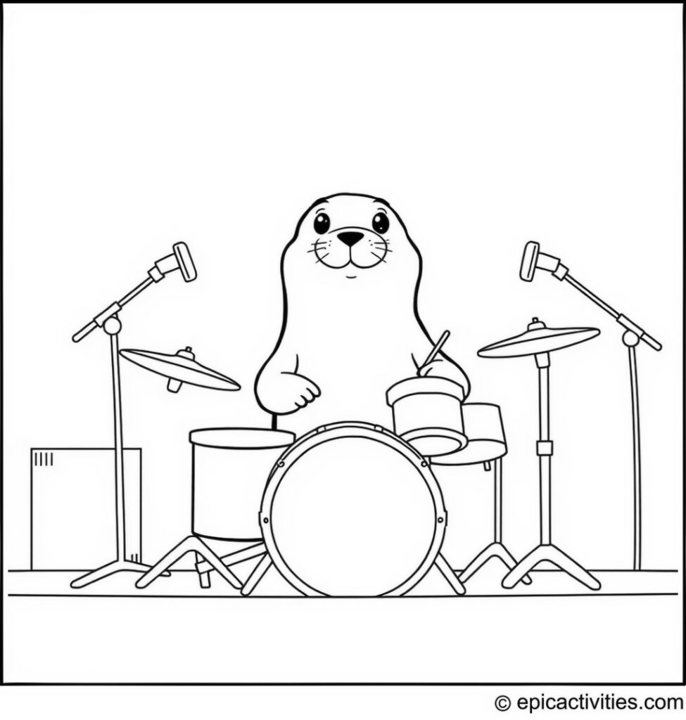 Coloring page of a Cute Seal Rock Band Drummer