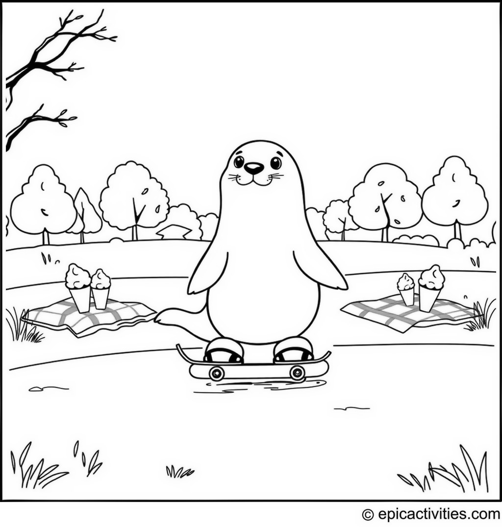 Coloring page of a Cute Seal Rollerblading in the Park with Ice Cream Cones and Picnic Blankets