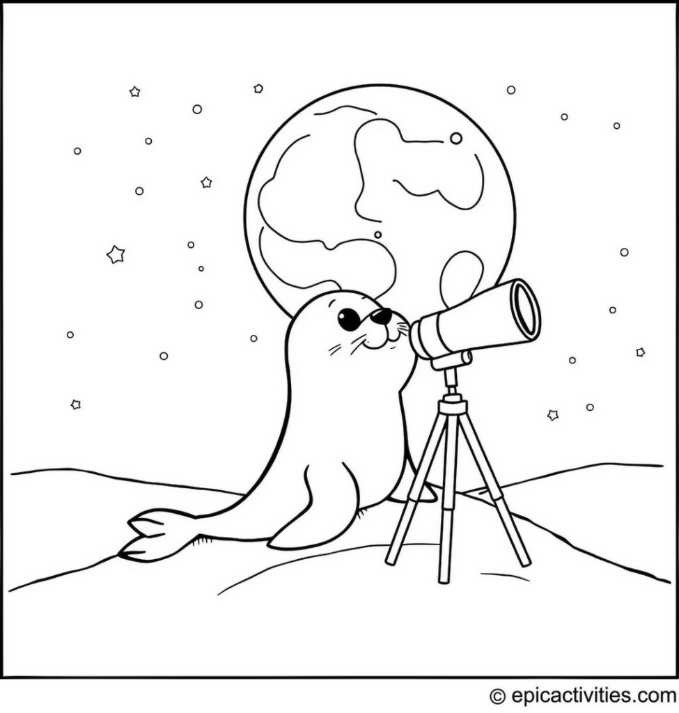 Coloring page of a cute seal stargazing through a telescope under the starry night sky with a big moon