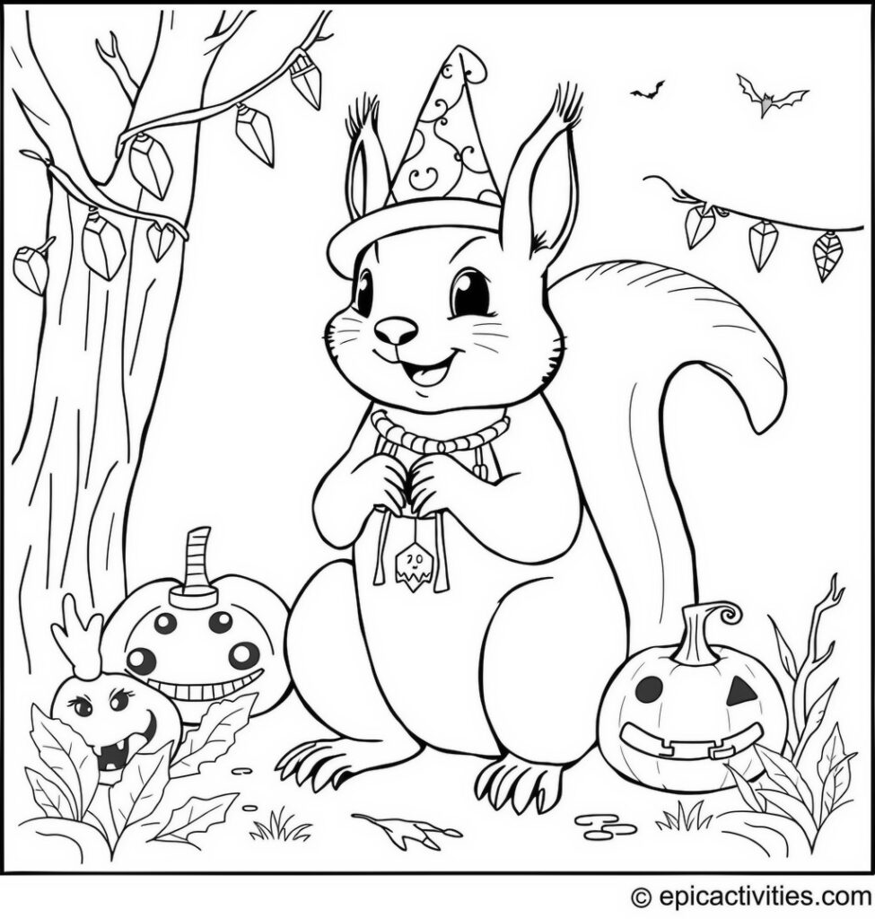 Coloring page of a Cute Squirrel at a Halloween Party