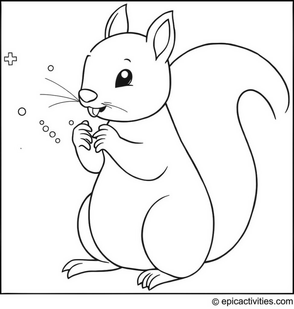 Coloring page of a cute squirrel catching snowflakes on its tongue