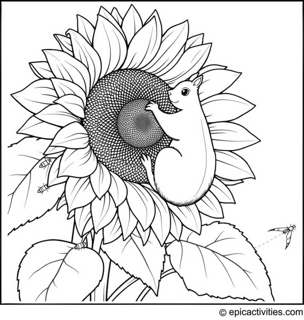 Coloring page of a Cute Squirrel Climbing a Giant Sunflower