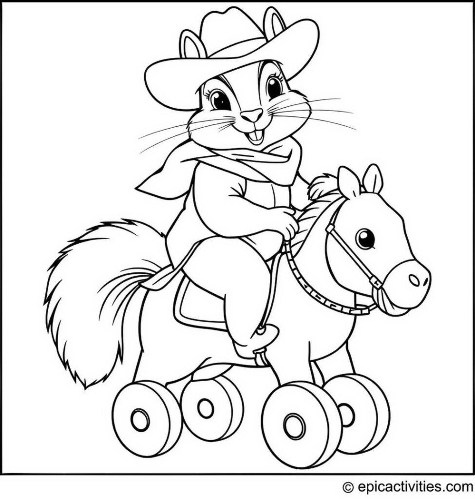 Coloring page of a Cute Squirrel Cowboy Riding a Toy Horse