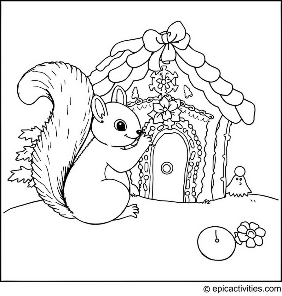 Coloring page of a cute squirrel decorating a gingerbread house in a detailed Christmas scene