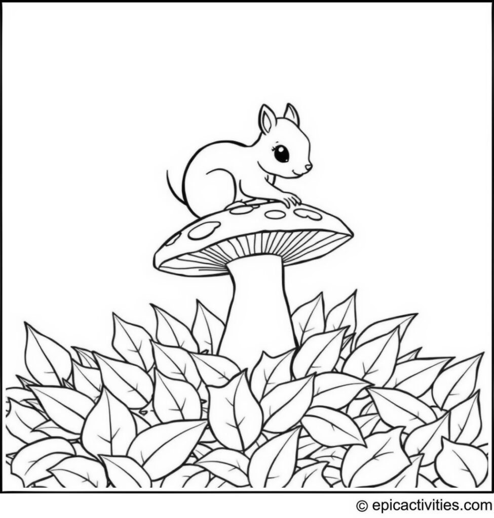 Coloring page of a Cute Squirrel Diving off a Toadstool into a Pile of Leaves