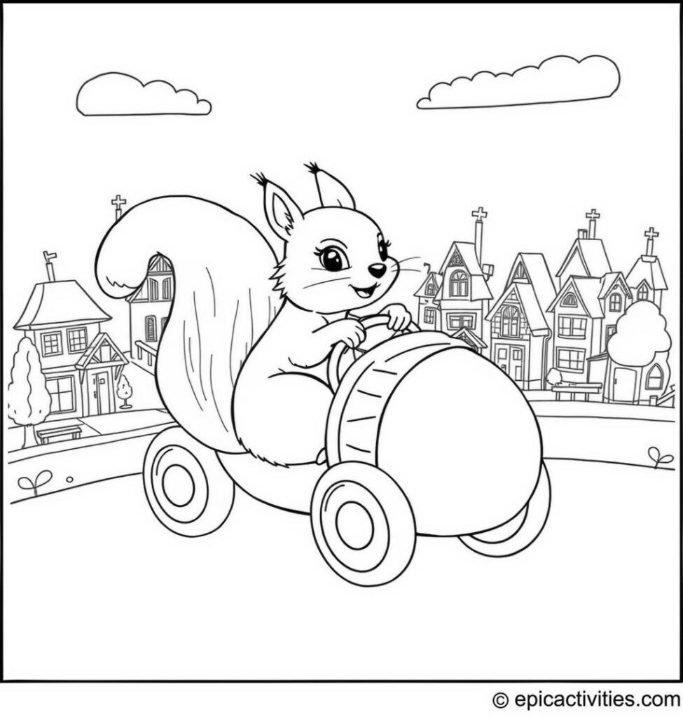 Coloring page of a Cute Squirrel Driving an Acorn Car through a Whimsical Town