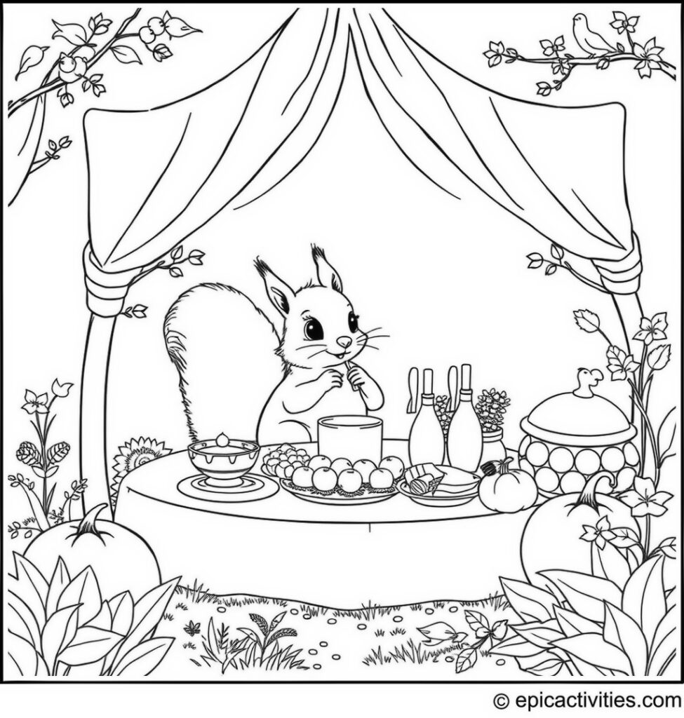 Coloring page of a Cute Squirrel Enjoying a Fairy-Tale Picnic