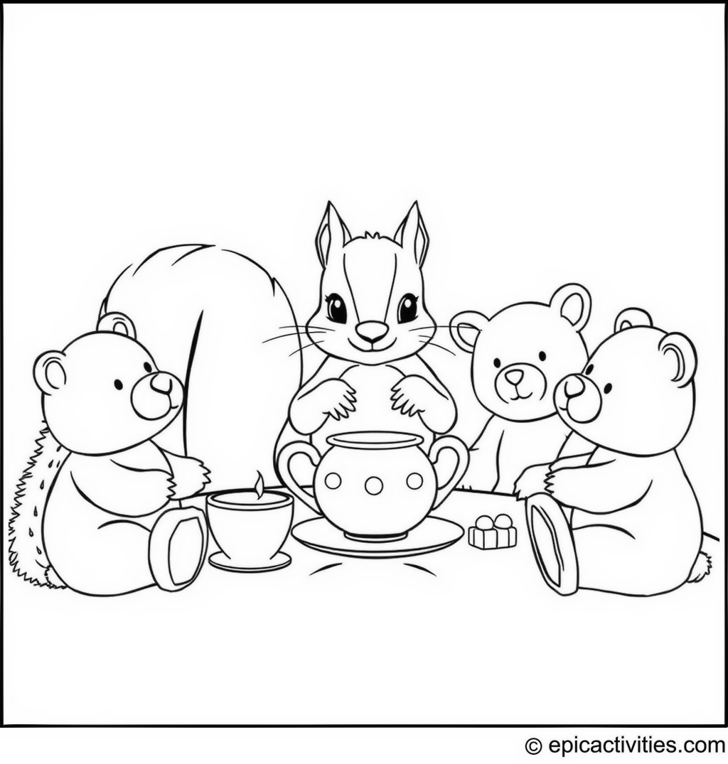 Coloring page of a cute squirrel enjoying a tea party with stuffed animals