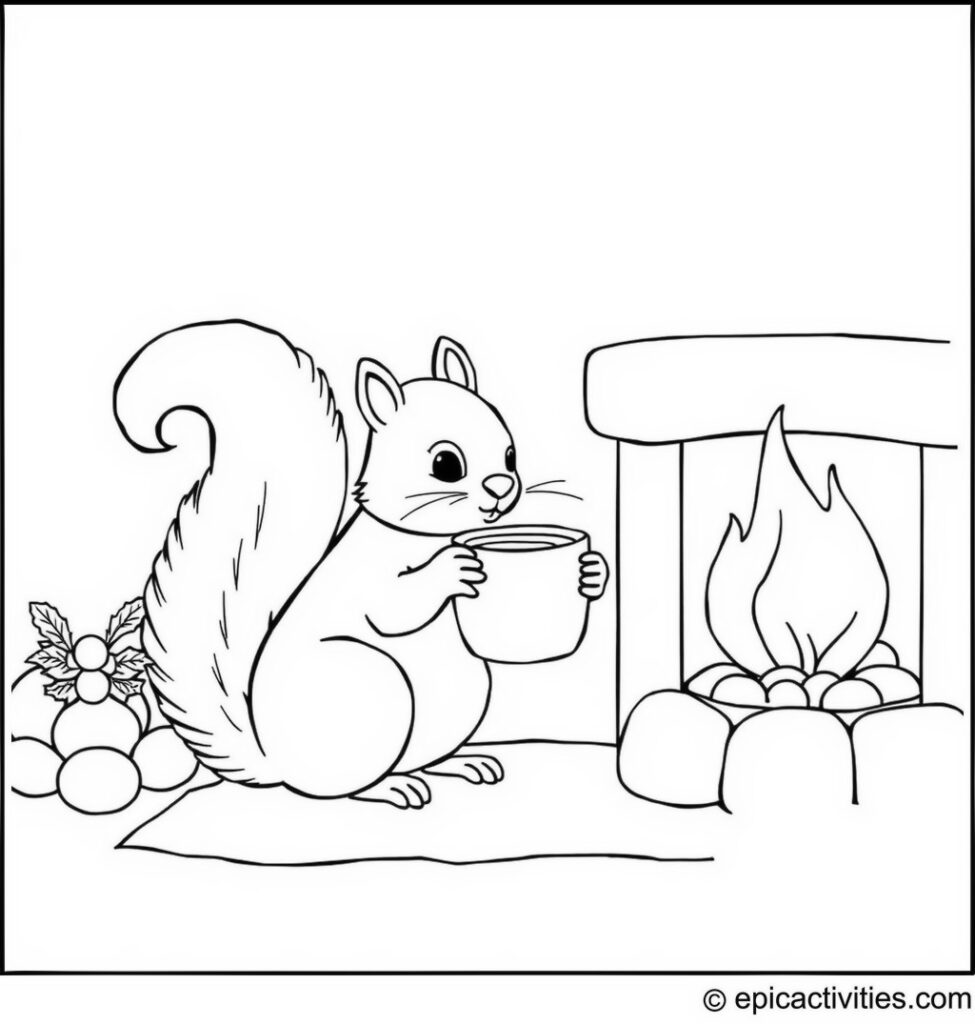 Coloring page of a Cute Squirrel Enjoying Hot Cocoa by a Fireplace
