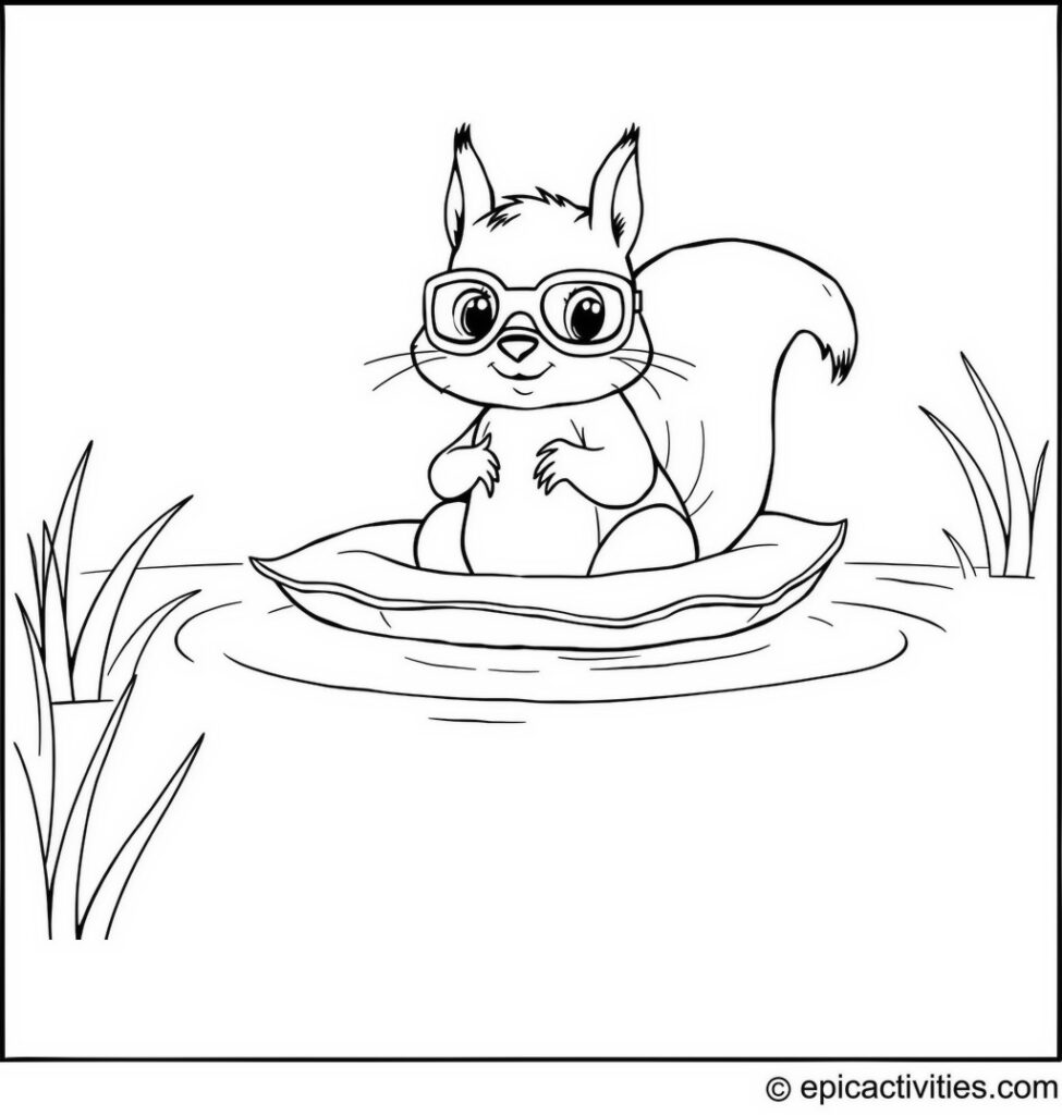Coloring page of a Cute Squirrel Floating on a Pond with Swim Goggles and Leaf-lilo