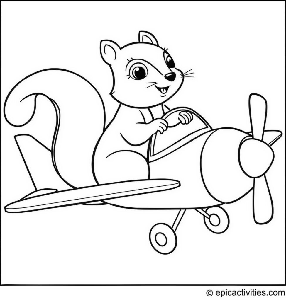 Coloring page of a cute squirrel flying a tiny airplane