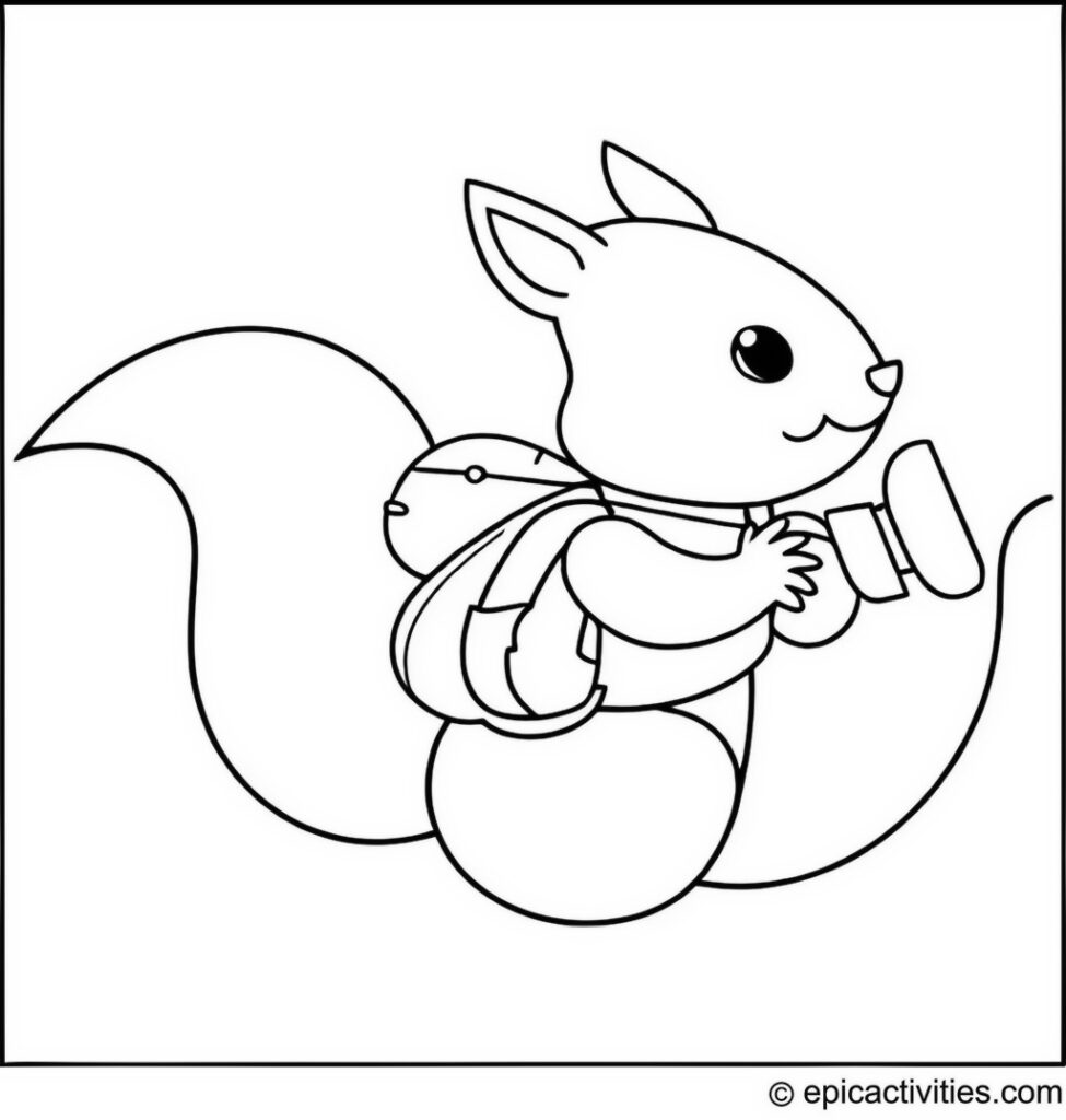 Coloring page of a Cute Squirrel Flying with a Jetpack Made from Acorns