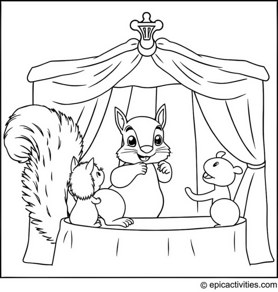 Coloring page of a Cute Squirrel Hosting a Puppet Show