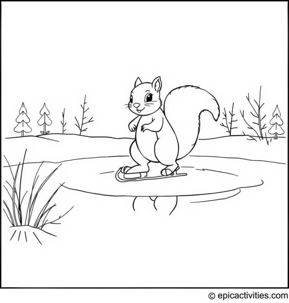 Coloring page of a cute squirrel ice skating in winter